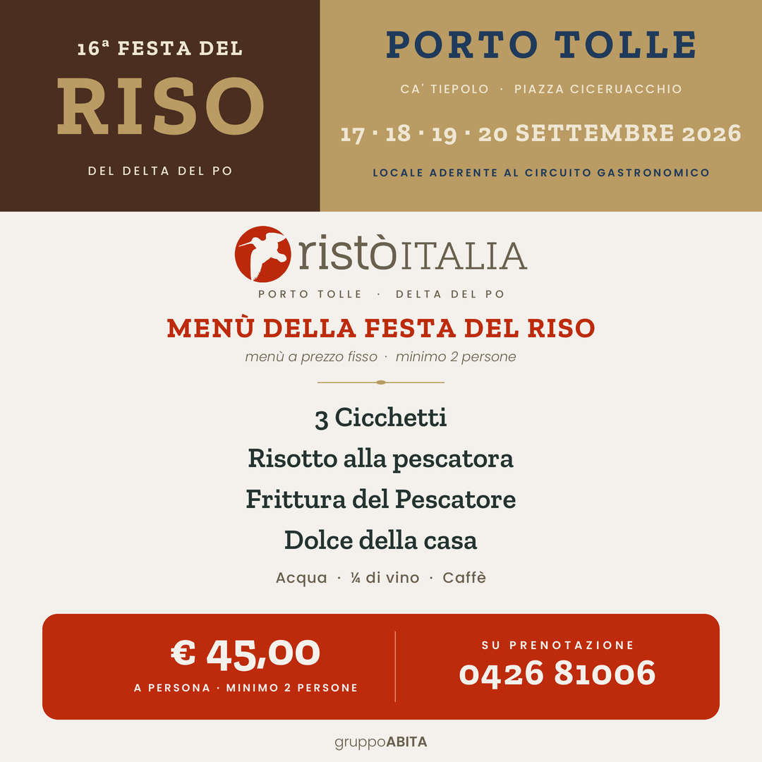 Locandina del Menù della Festa del Riso 2026 di RistòItalia: 3 cicchetti, risotto alla pescatora, frittura del Pescatore e dolce della casa, € 45 a persona