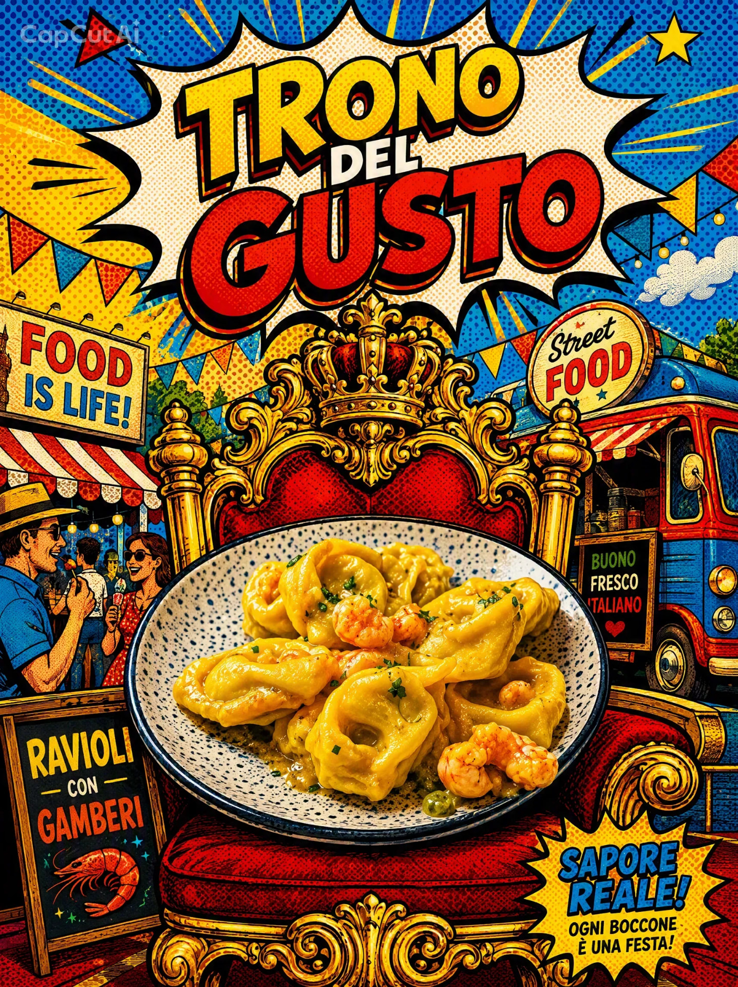 Locandina pop art del Trono del Gusto a Porto Tolle: corona e trono con un piatto di ravioli con gamberi, food truck e stand di street food.