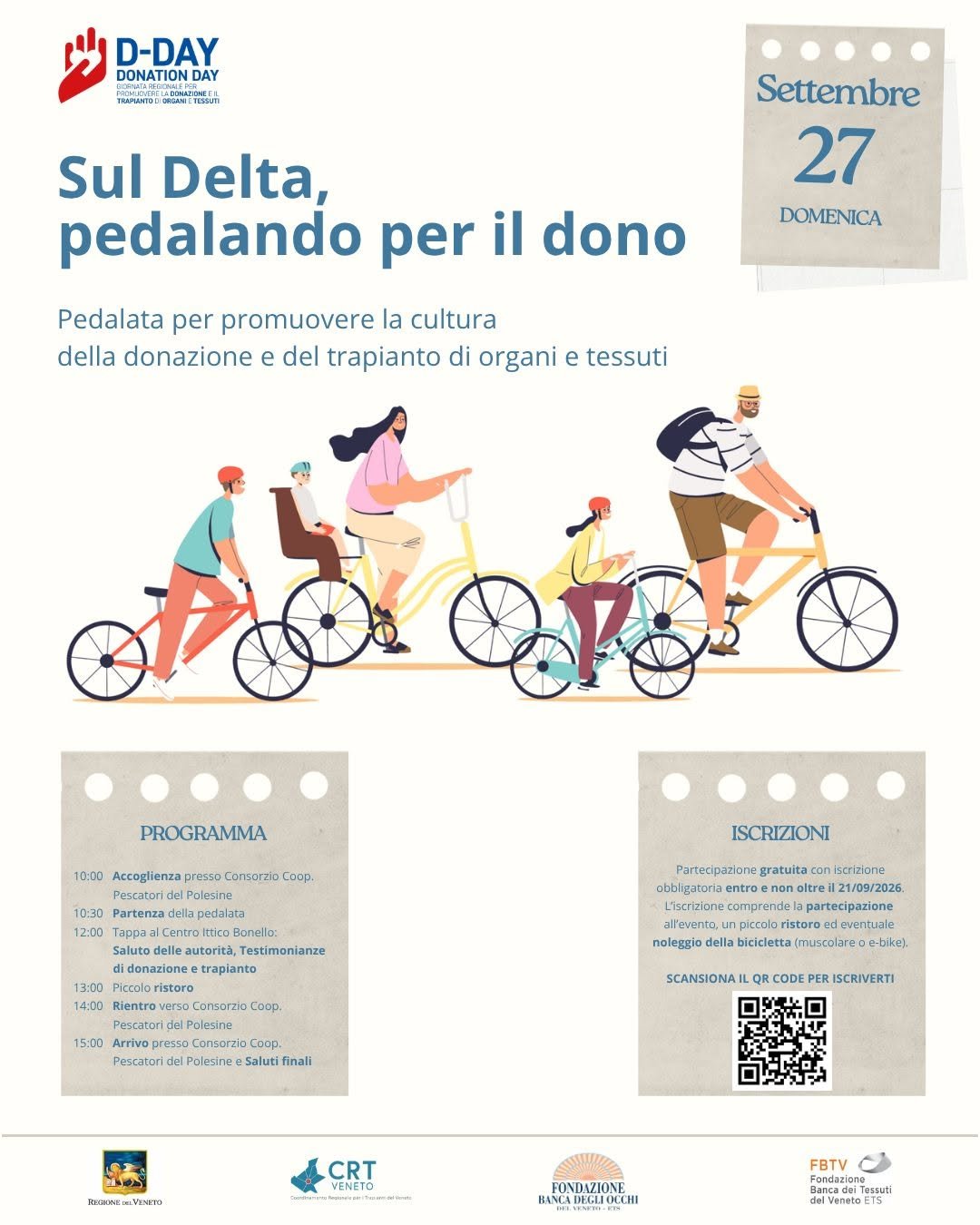Plakat der Radtour "Sul Delta, pedalando per il dono" mit dem Tagesprogramm, den Hinweisen zur Anmeldung und den Logos von Regione del Veneto, CRT Veneto, Fondazione Banca degli Occhi del Veneto und Fondazione Banca dei Tessuti del Veneto.