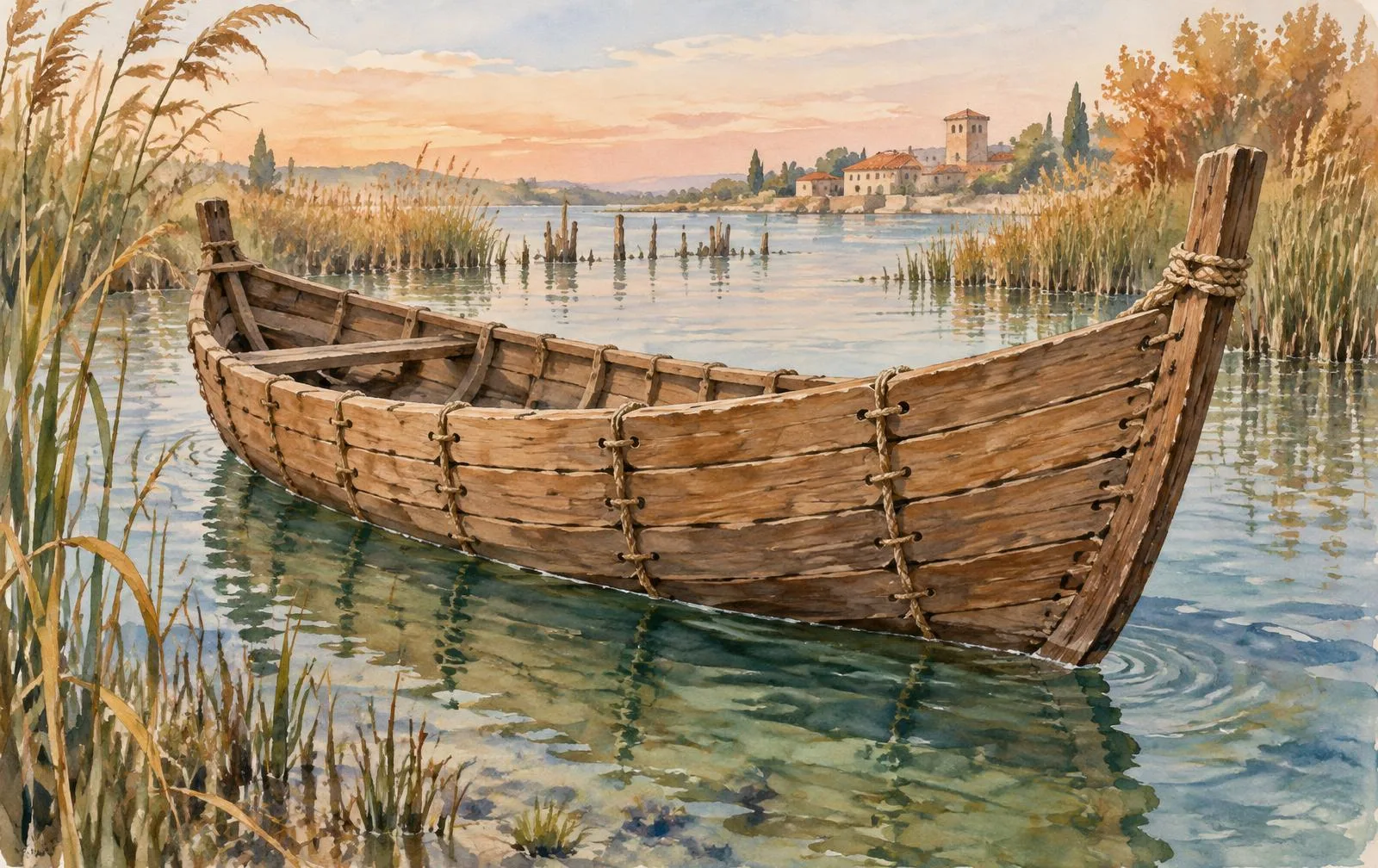 Aquarellillustration eines römischen Holzbootes mit vernähten Planken und Pflanzenfaserseilen in einer antiken Lagune