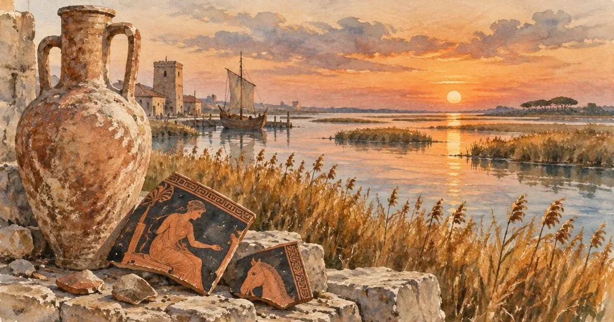 Aquarellillustration einer Amphore und attischer rotfiguriger Keramik an einer antiken Lagune bei Sonnenuntergang, die Adria als Hafenstadt aufgreift