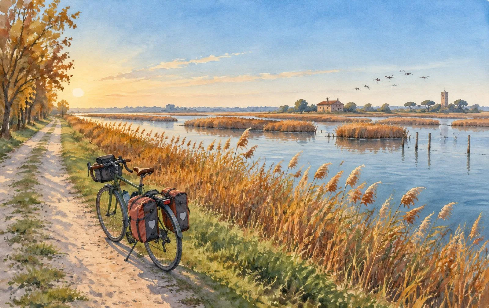 Aquarellillustration eines Fahrrads auf einem Deich im Po-Delta im Herbst mit goldenem Schilf und klarem Himmel