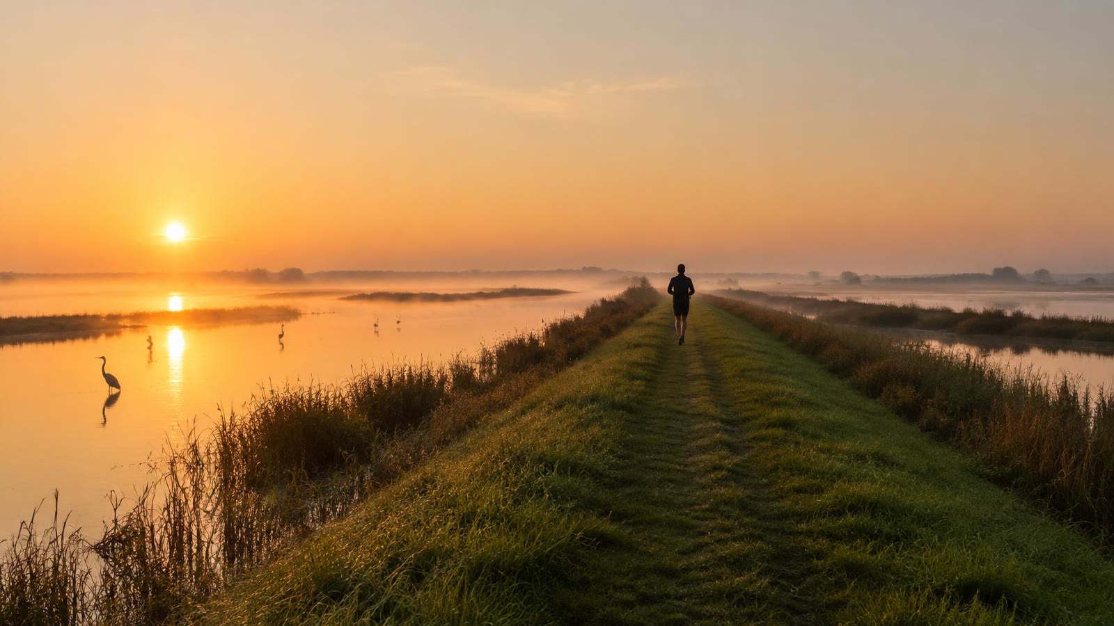 Corridore sull'argine del Delta del Po all'alba, a Porto Tolle