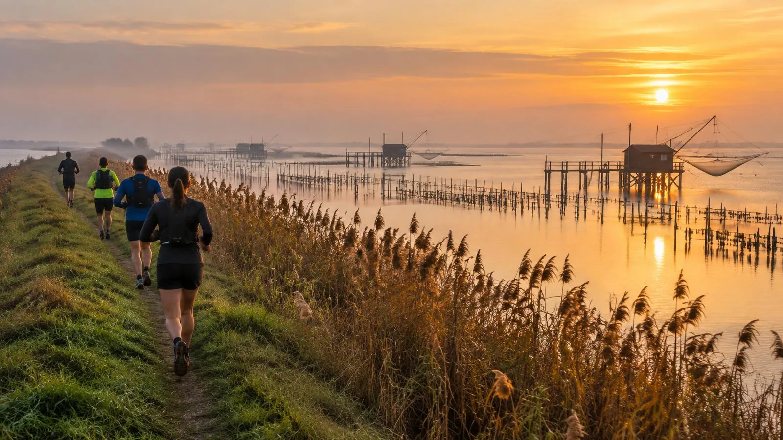 Läufer auf dem Deich der Sacca degli Scardovari bei Sonnenaufgang – Epica dell'Acqua, Po-Delta
