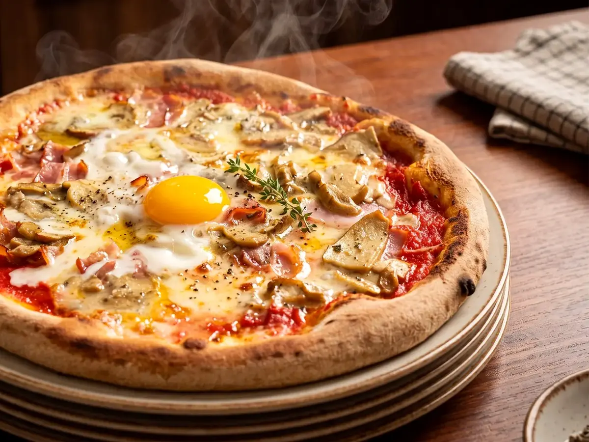 Pizza Ingorda del Ristò Italia con pomodoro, mozzarella, pancetta stufata, porcini, gorgonzola e uovo